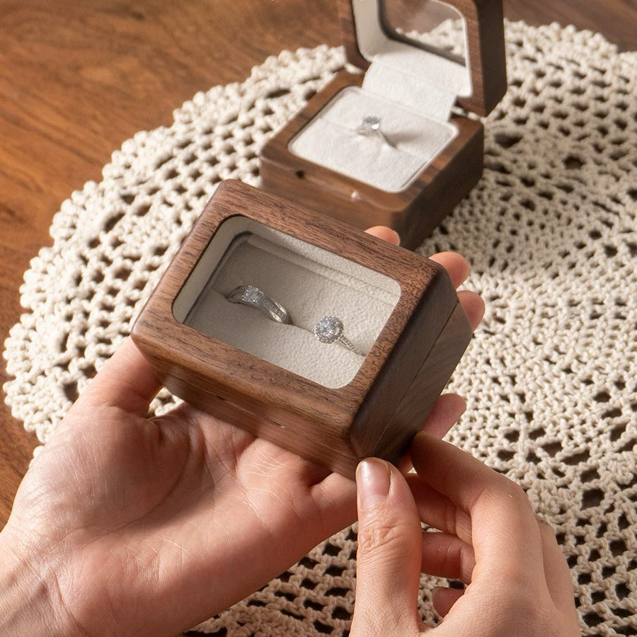 Lomi Wooden Ring Box | Walnut or Cherry Wood Case with Velvet Lining, Single or Pair
