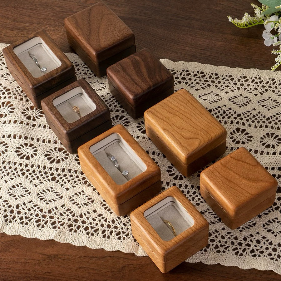 Lomi Wooden Ring Box | Walnut or Cherry Wood Case with Velvet Lining, Single or Pair