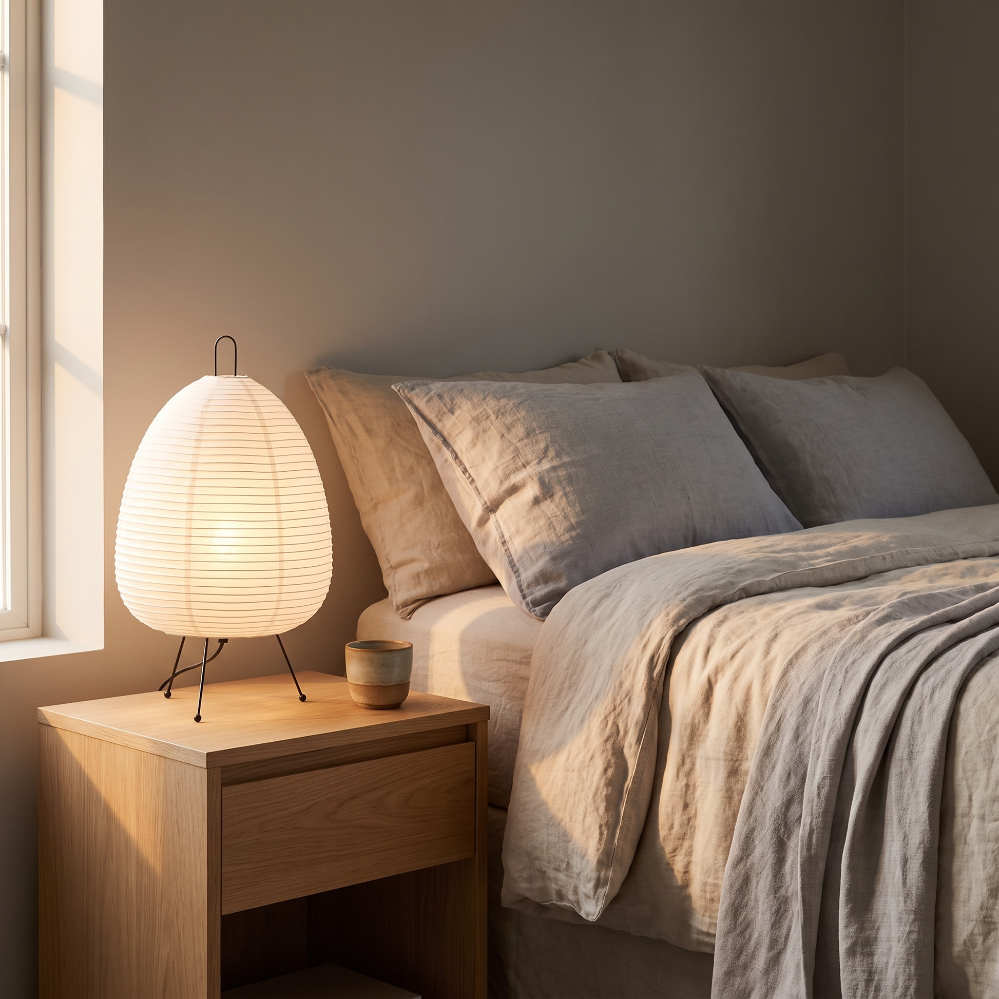 Elegant Rice Paper Table Lamp — lifestyle bedroom nightstand