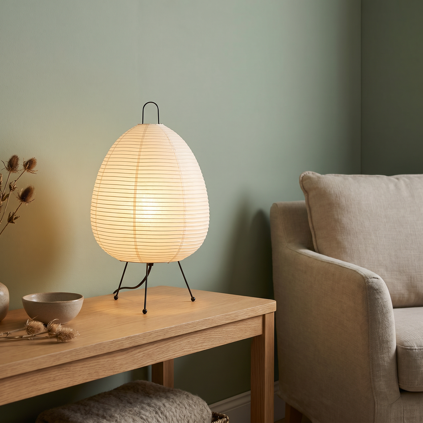 Elegant Rice Paper Table Lamp — living room alternate angle