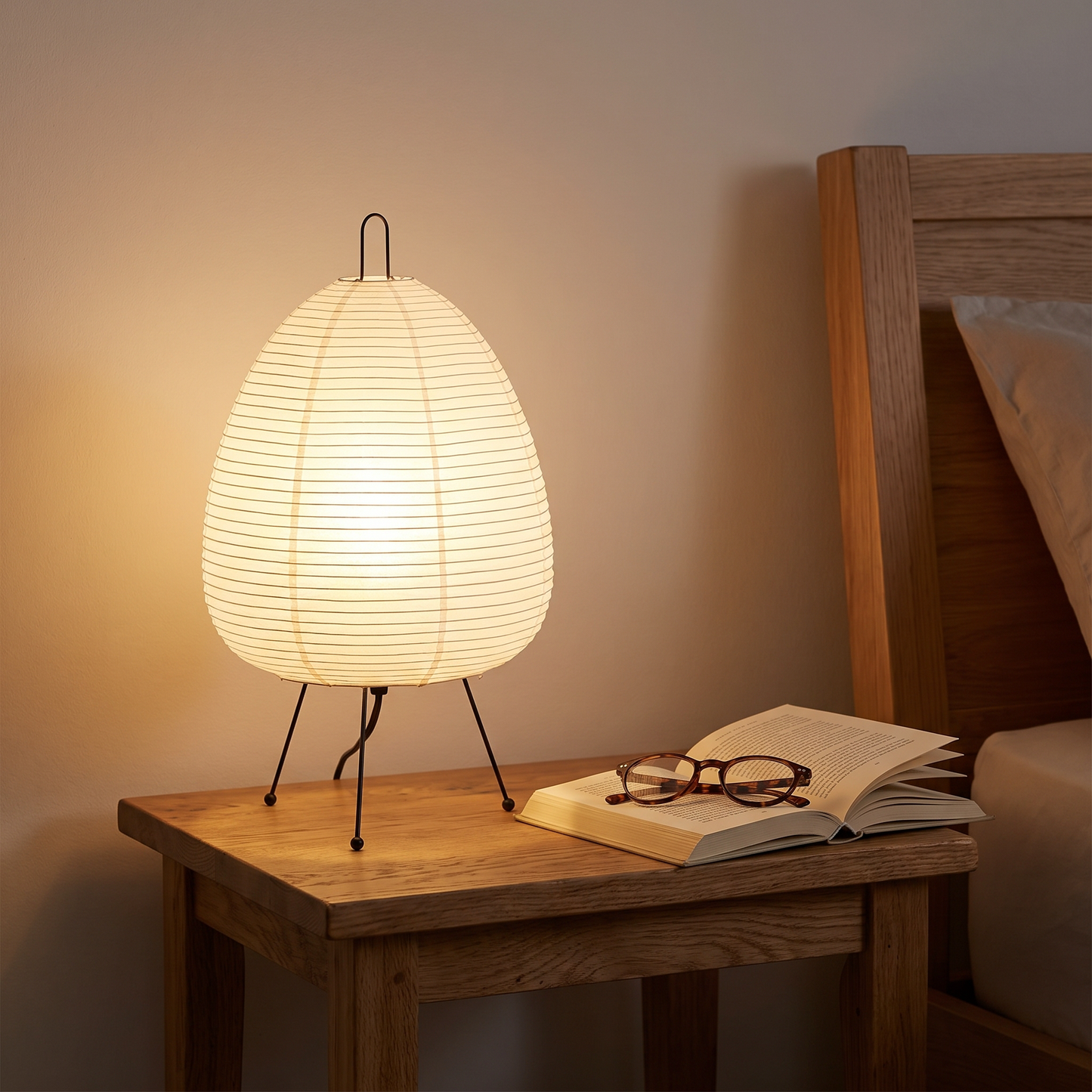 Elegant Rice Paper Table Lamp — in-use scale with book and reading glasses