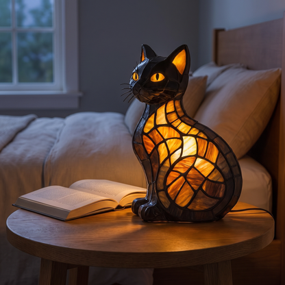 Charming Cat Table Lamp — in-use scale bedside with book