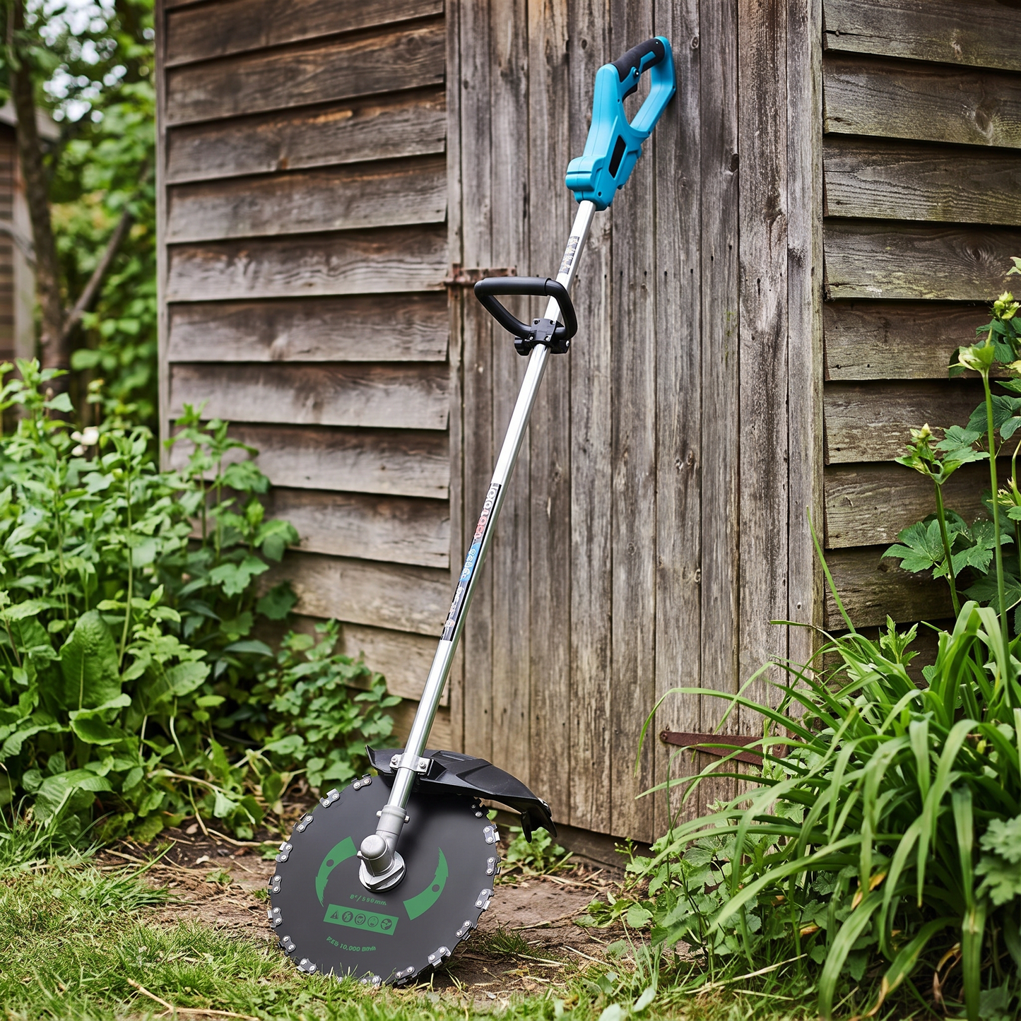 High-Performance Brushcutter — alternate angle against shed