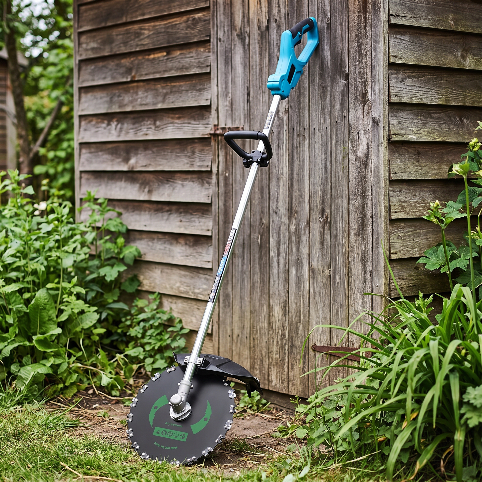 High-Performance Brushcutter — alternate angle against shed
