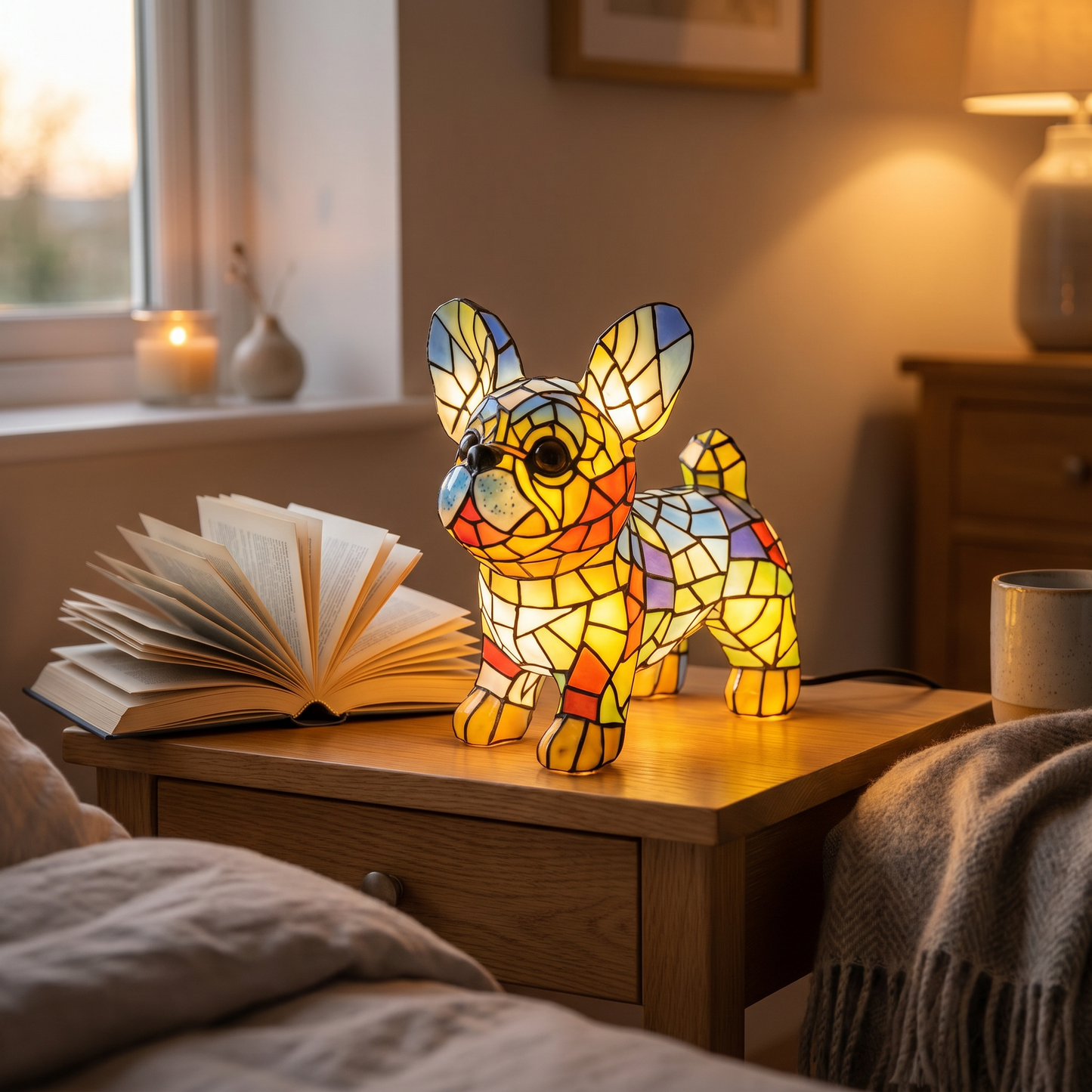 Artistic Dog Figurine Table Lamp — in-use scale bedside with book