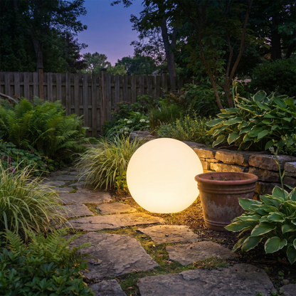 LumiGlobe Solar Garden Light — lifestyle garden path at dusk