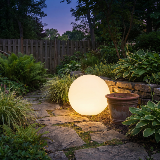LumiGlobe Solar Garden Light — lifestyle garden path at dusk