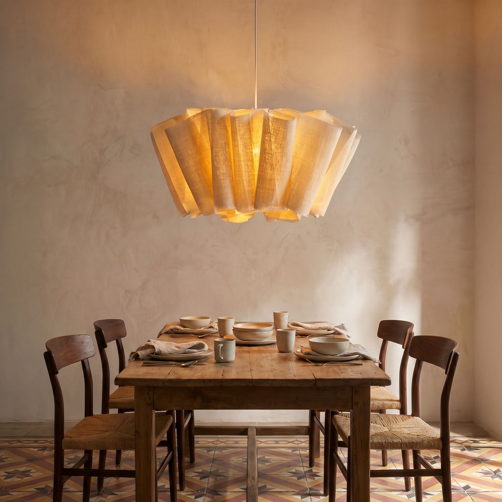 Elegant Fabric Ceiling Lamp — in-use scale above dining table