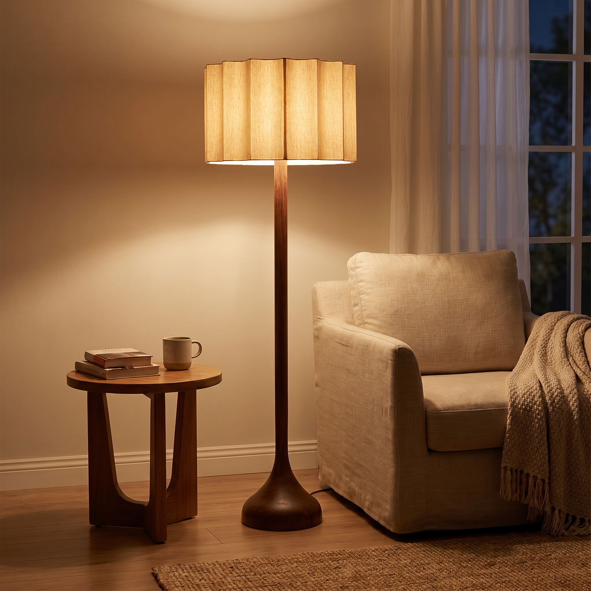 Artisan Floor Lamp — in-use scale beside armchair