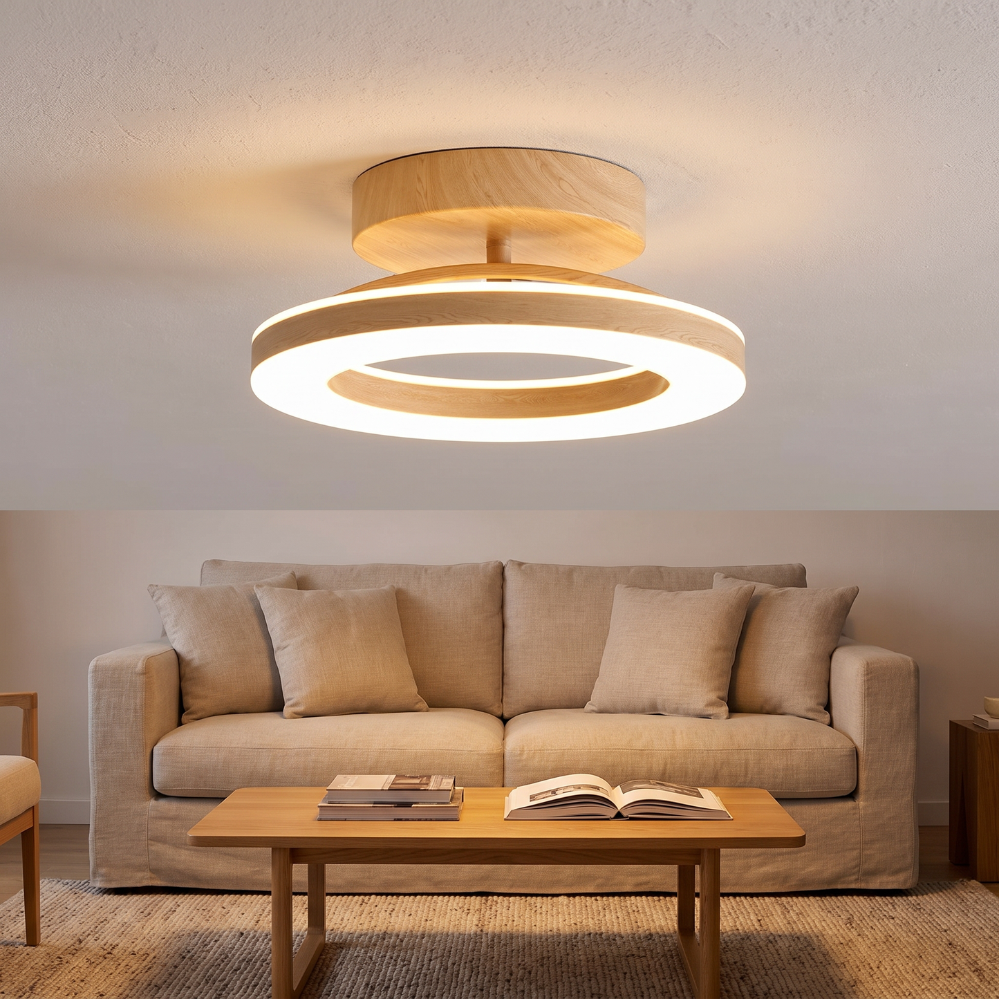 Modern Glow Disc (Wood) — in-use scale ceiling mount