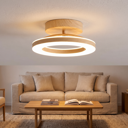 Modern Glow Disc (Wood) — in-use scale ceiling mount