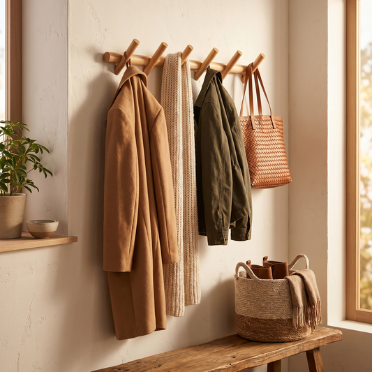 Wall Mounted Coat Rack with Wooden Pegs | Minimalist Oak Design for Entryway Storage