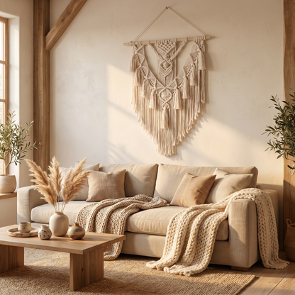 Artisan Macrame Wall Hanging | Handwoven Tapestry with Cascading Fringe | Boho Wall Art Decor for Cozy Living Room