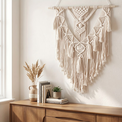 Artisan Macrame Wall Hanging | Handwoven Tapestry with Cascading Fringe | Boho Wall Art Decor for Cozy Living Room