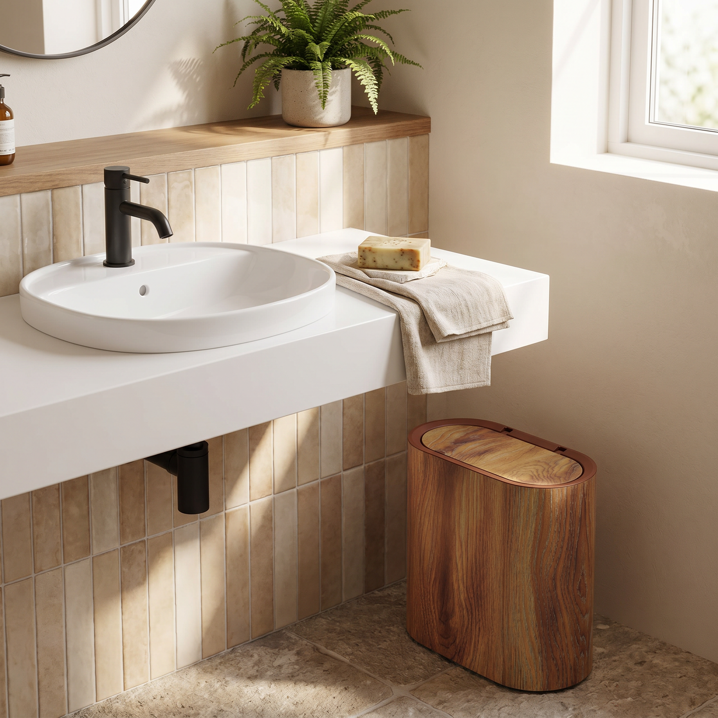 Elegant Marble Pattern | Trash Can with Lid - Space-Saving Design for Modern Bathrooms and Kitchens