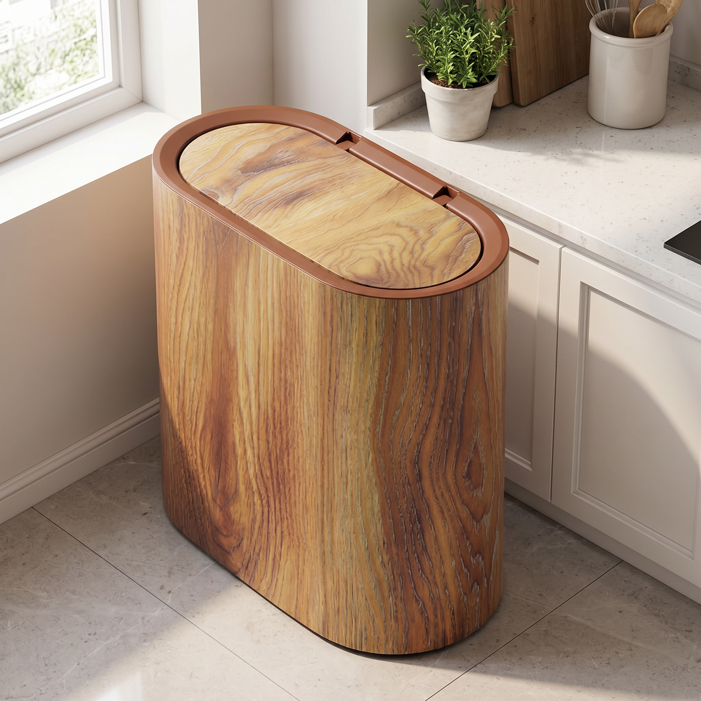 Elegant Marble Pattern | Trash Can with Lid - Space-Saving Design for Modern Bathrooms and Kitchens