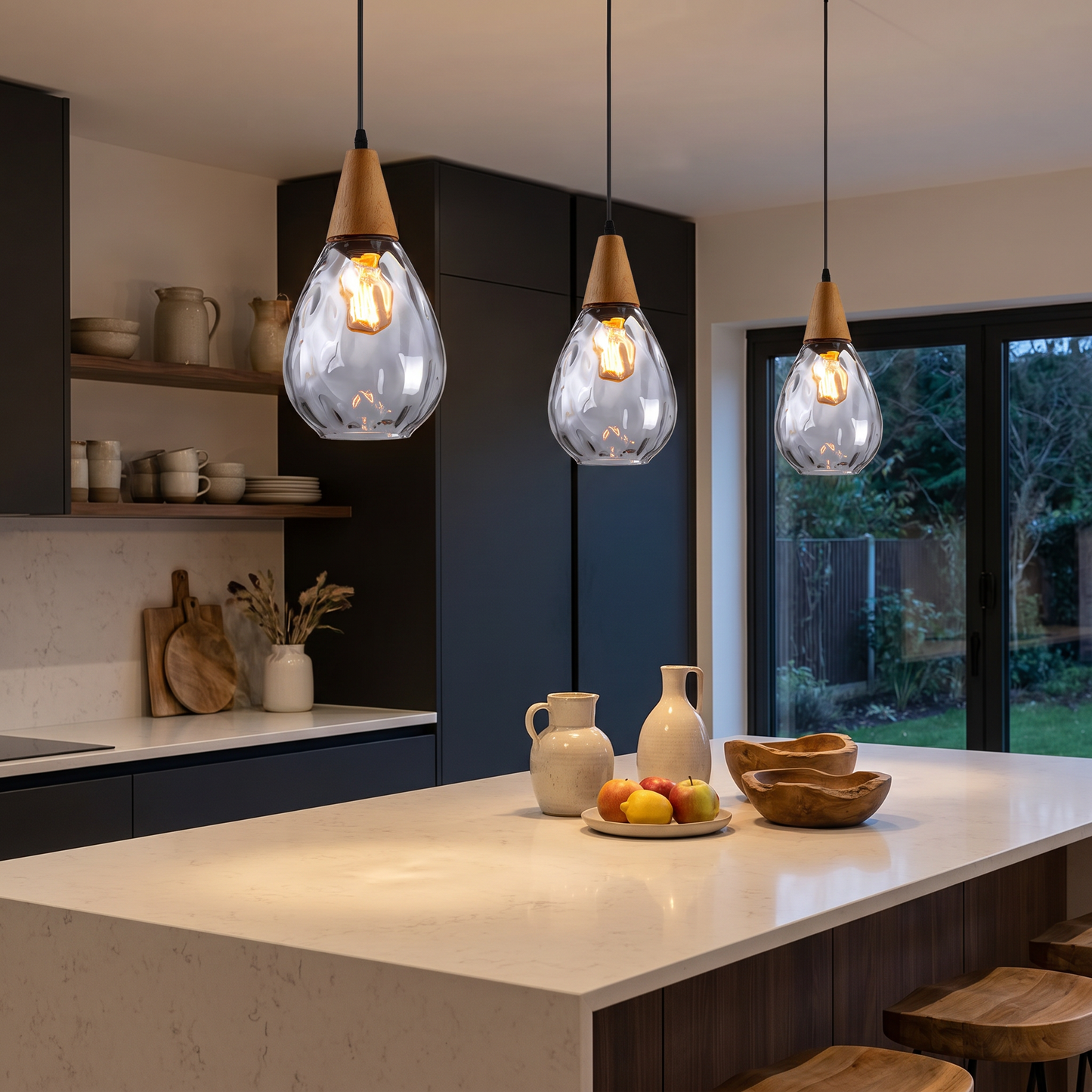 Elegant Glass Pendant Light with Teardrop Design & Solid Wood Accents | Versatile Kitchen Pendant Lighting for Any Space
