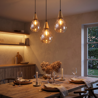 Elegant Glass Pendant Light with Teardrop Design & Solid Wood Accents | Versatile Kitchen Pendant Lighting for Any Space