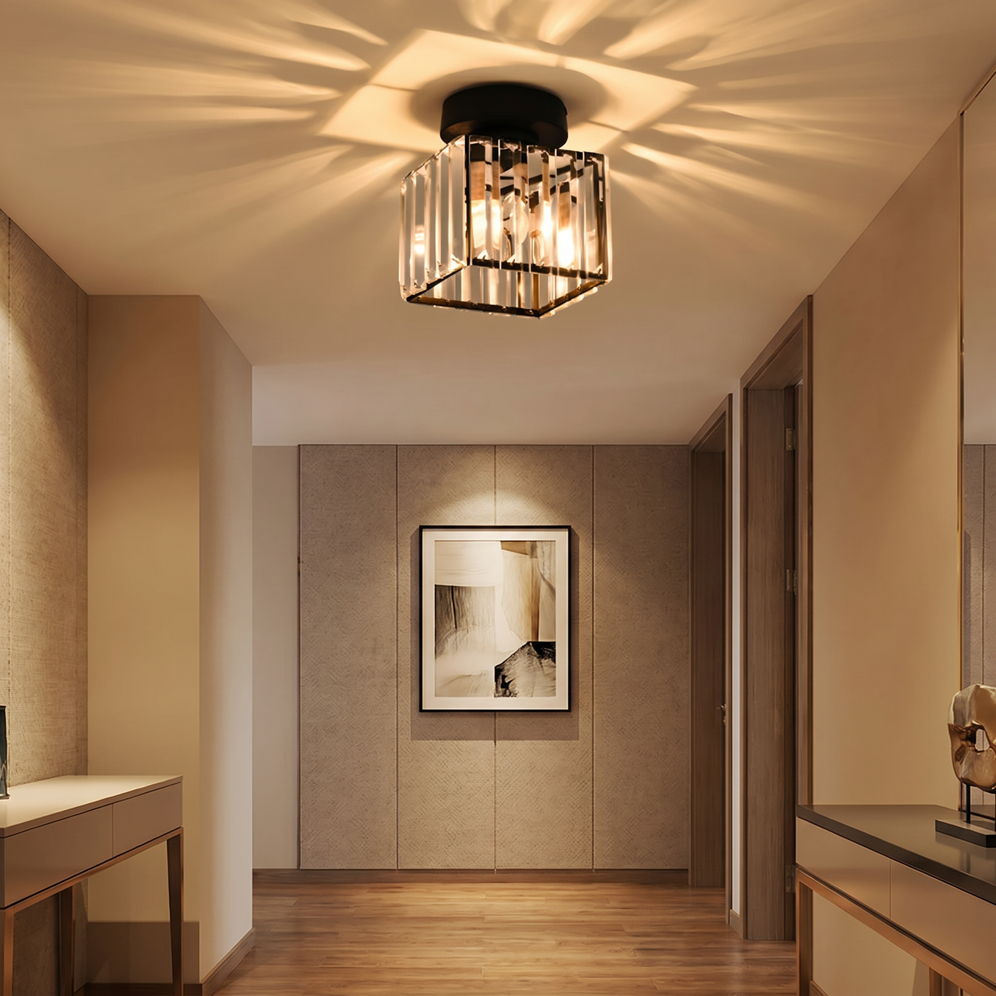 Elegant Crystal Flush Mount Ceiling Light Fixture with Premium Brass Base | Stylish Design for Modern Interiors