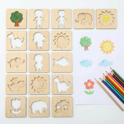 Creative Play | Montessori Wooden Drawing Stencils with Reusable Templates | Encourages Imagination and Confidence for Kids