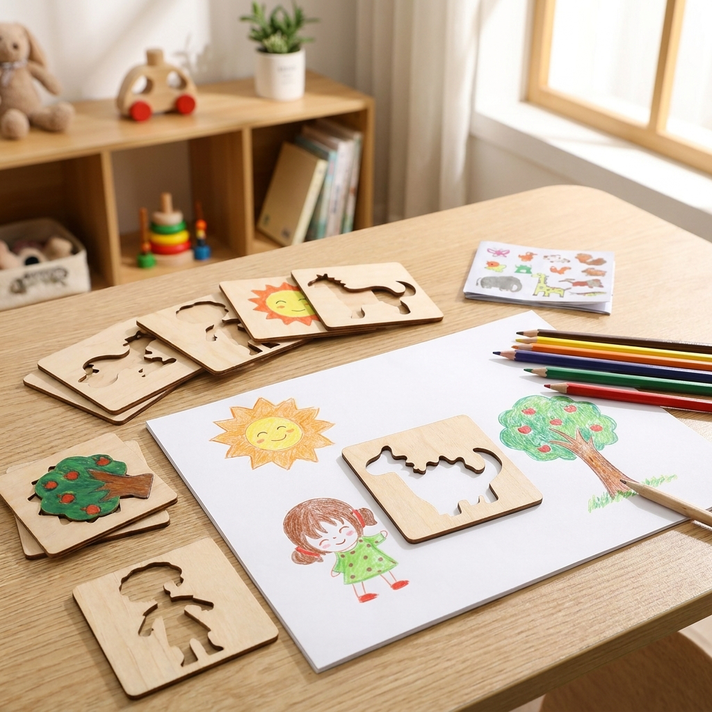 Creative Play | Montessori Wooden Drawing Stencils with Reusable Templates | Encourages Imagination and Confidence for Kids