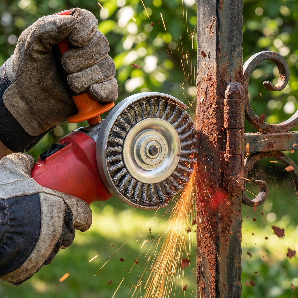 Trimmer Head Attachment - in use grinding rust off iron gate