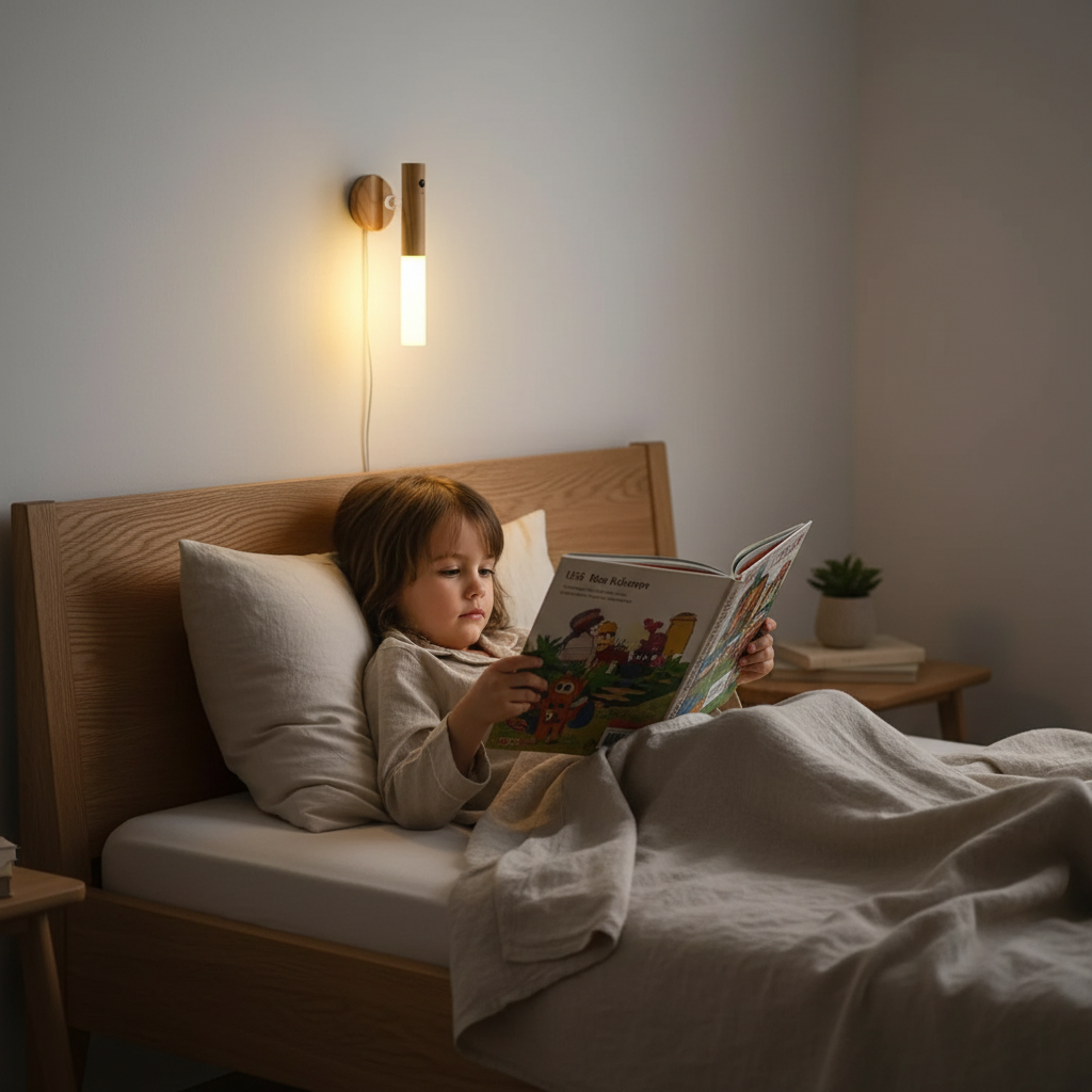 USB Rechargeable Wall Light Bright Wood — child reading in bed