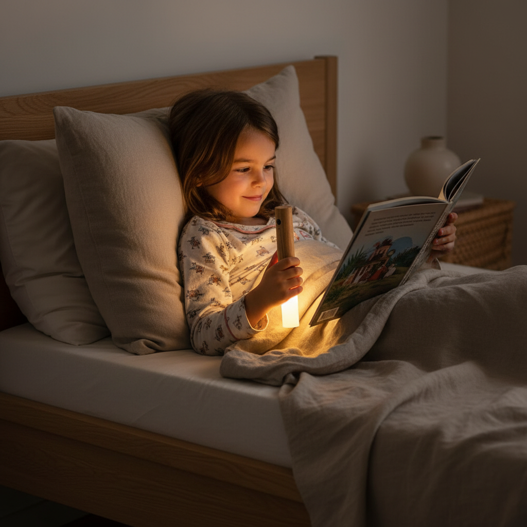 USB Rechargeable Wall Light — child reading with handheld light
