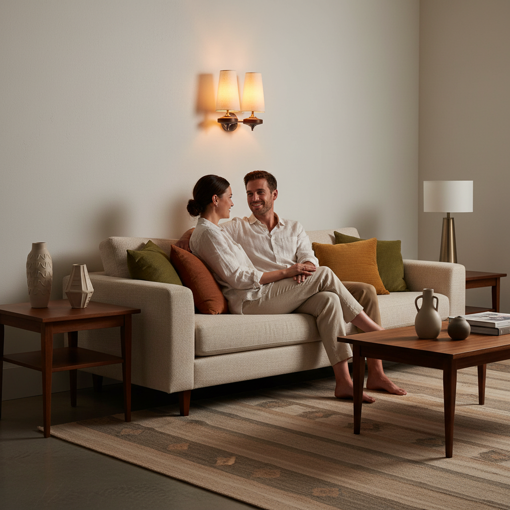 Vintage Fabric Tapered Wall Sconce — lifestyle with people, double configuration