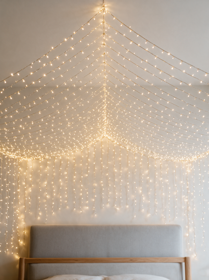 Willow fairy lights draped along a bedroom wall