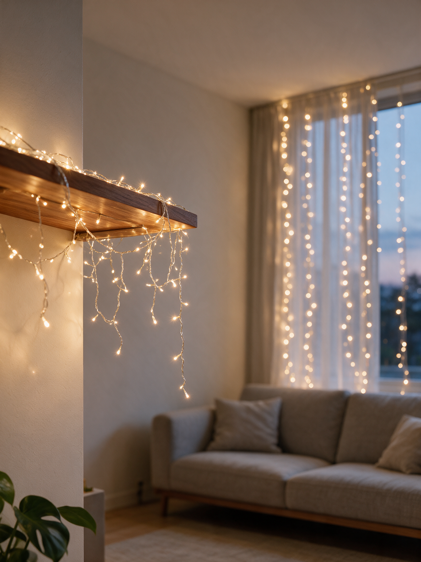 Willow fairy lights draped along a living room shelf