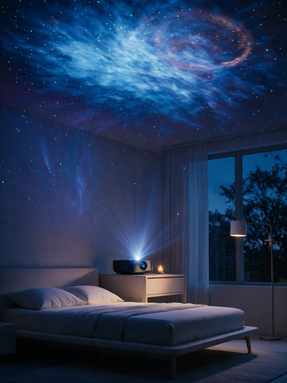 Nova galaxy projector on a bedside table with ceiling projection