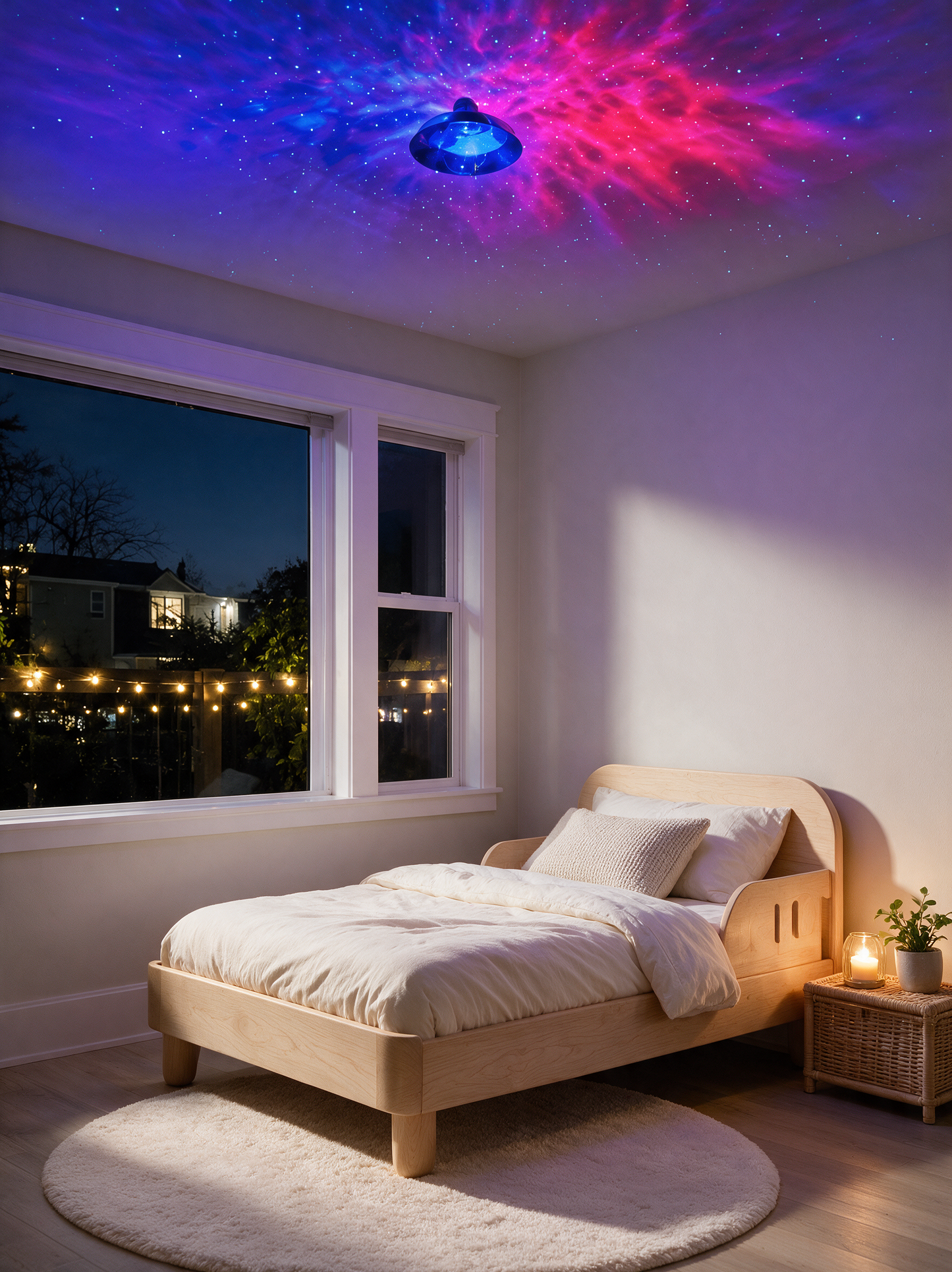 Nova galaxy projector lighting a child's bedroom ceiling with stars