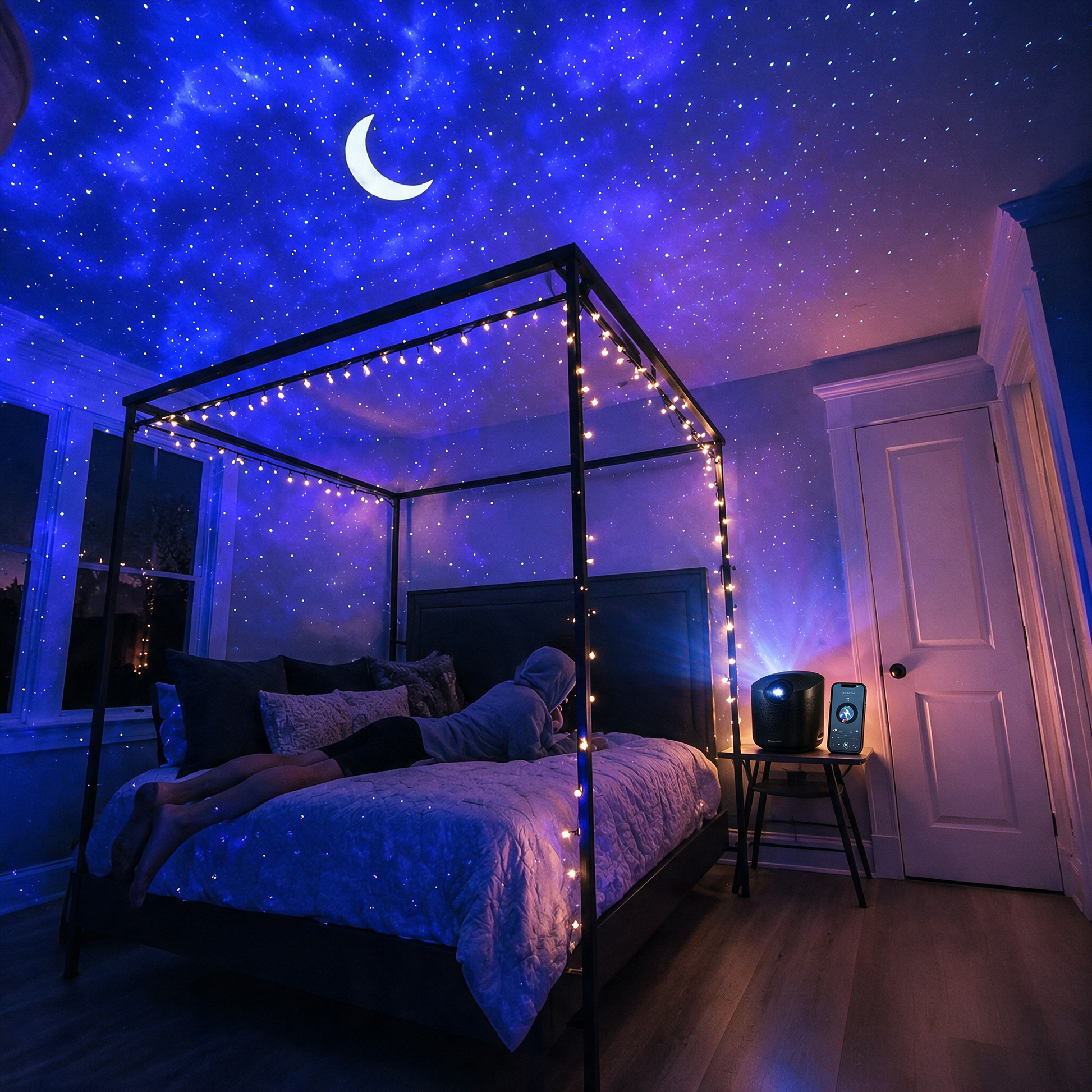 Nova galaxy projector beside a phone streaming Bluetooth music