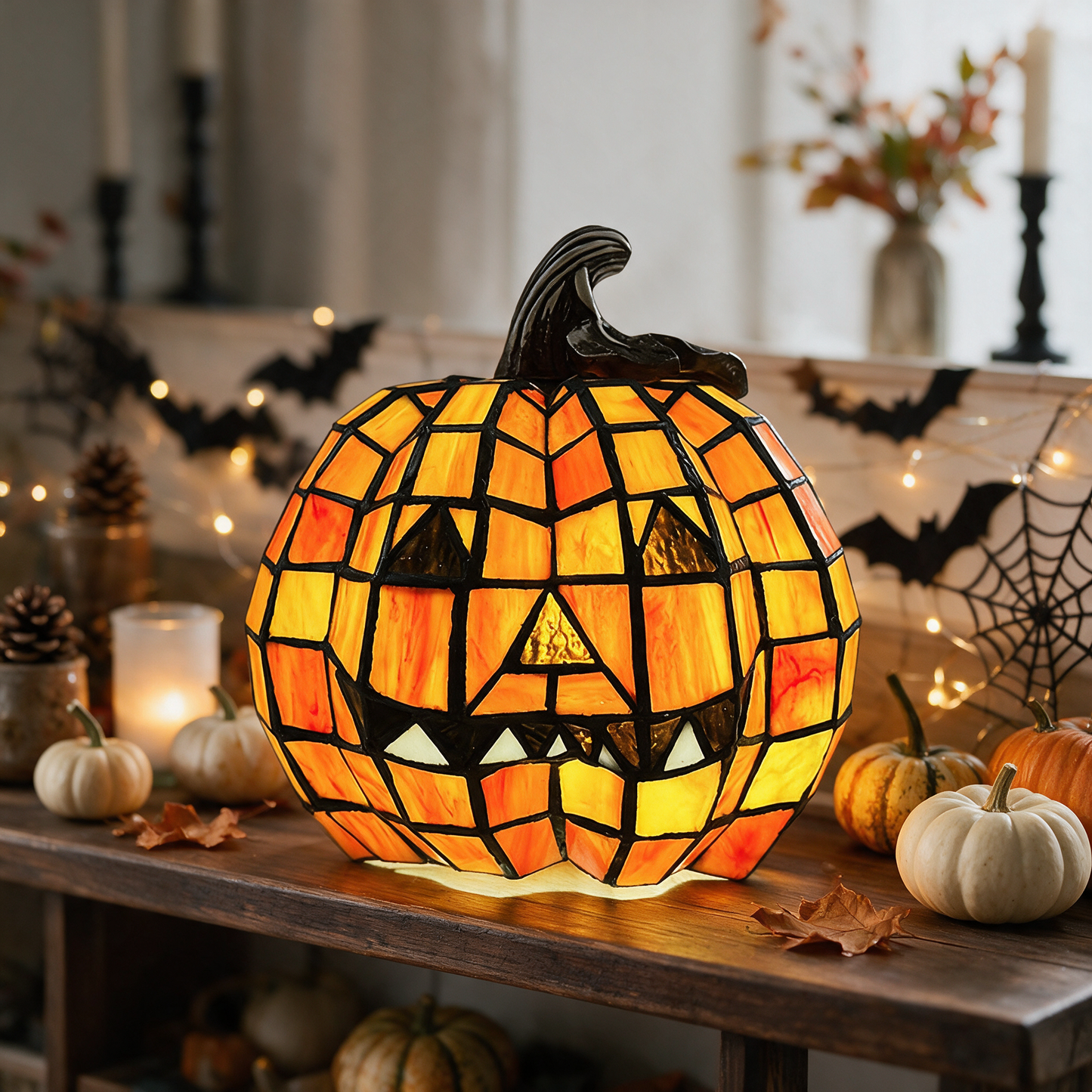 Pip pumpkin lamp on living room shelf with autumn decor