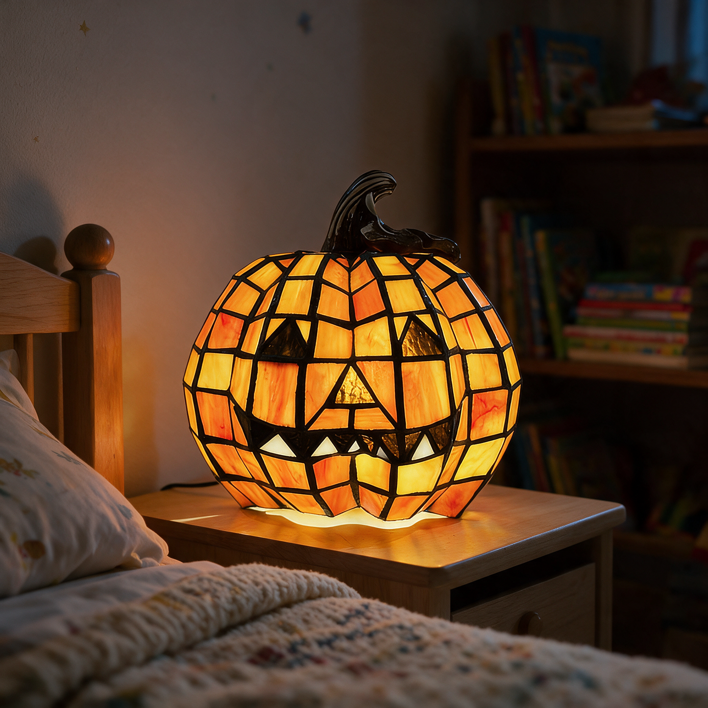 Pip pumpkin lamp glowing in kids bedroom