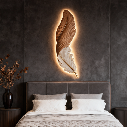 Plume feather LED wall lamp above bed headboard
