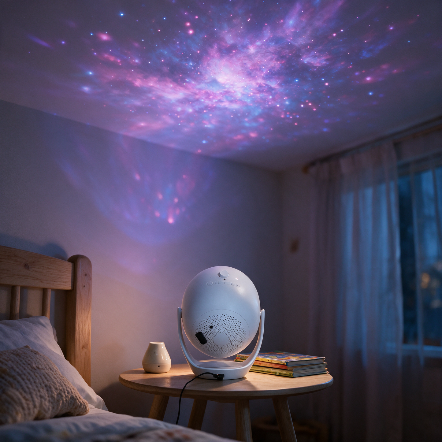 Astra 3D galaxy projector on kids bedside table