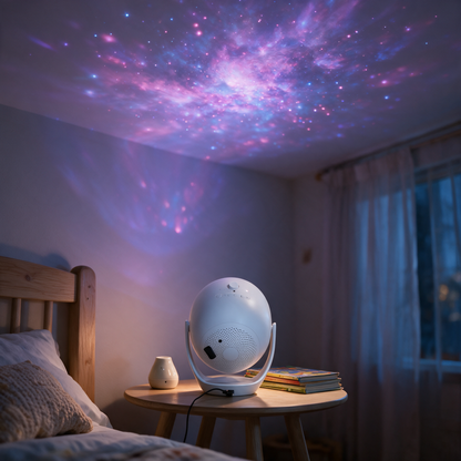 Astra 3D galaxy projector on kids bedside table