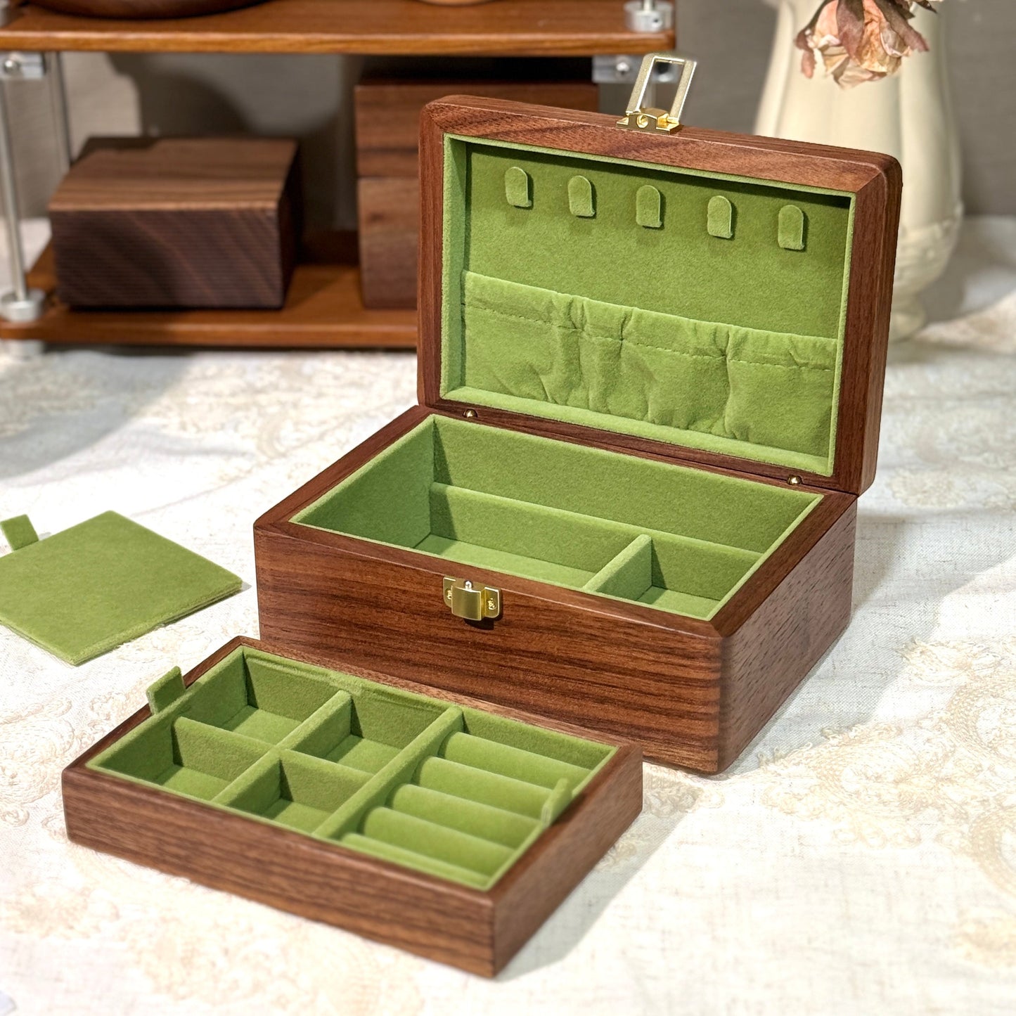 Amélie Walnut Two-Tier Jewellery Box | Velvet-Lined Storage with Smooth Rounded Edges