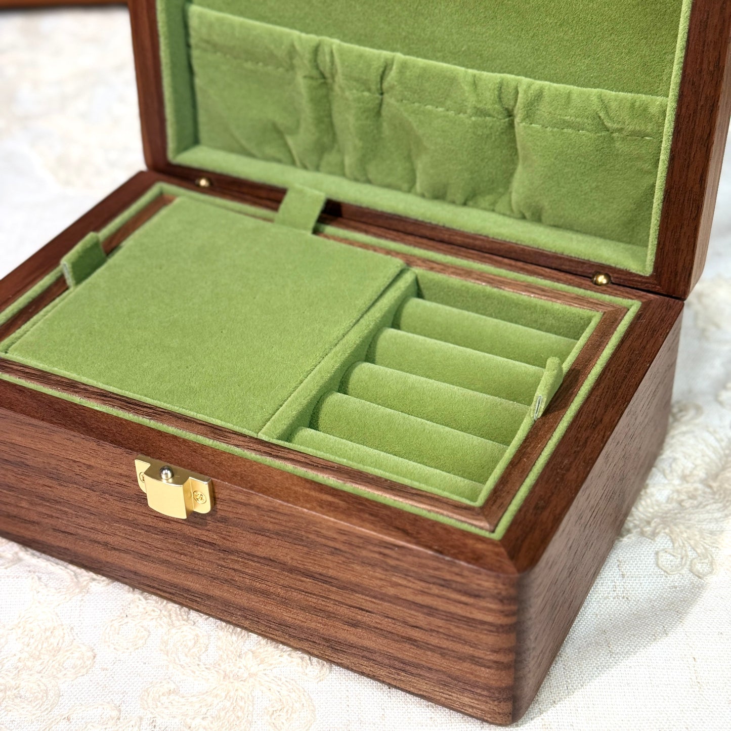 Amélie Walnut Two-Tier Jewellery Box | Velvet-Lined Storage with Smooth Rounded Edges