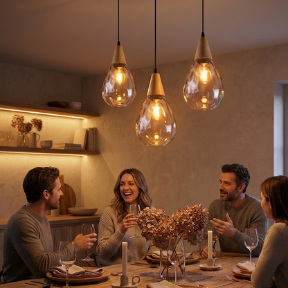 Elegant Glass Pendant Light with Teardrop Design & Solid Wood Accents | Versatile Kitchen Pendant Lighting for Any Space